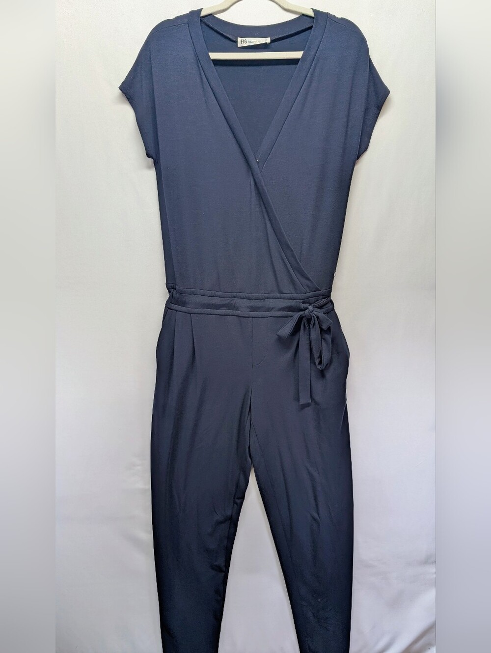 FIG Wrap-Front Navy Jumpsuit with Tie Waist LIKE NEW AND VERY SOFT AND STETCH